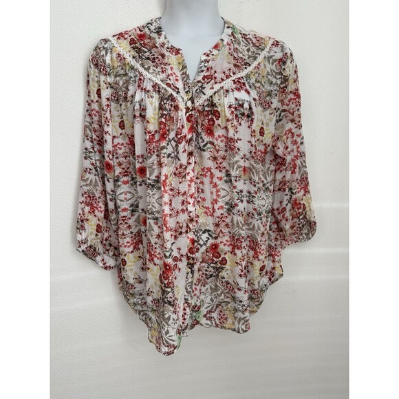 Caffe Marrakesh Blouse Peasant Crochet Trim Floral Red White Sz XL Boho Hippie - Picture 1 of 8